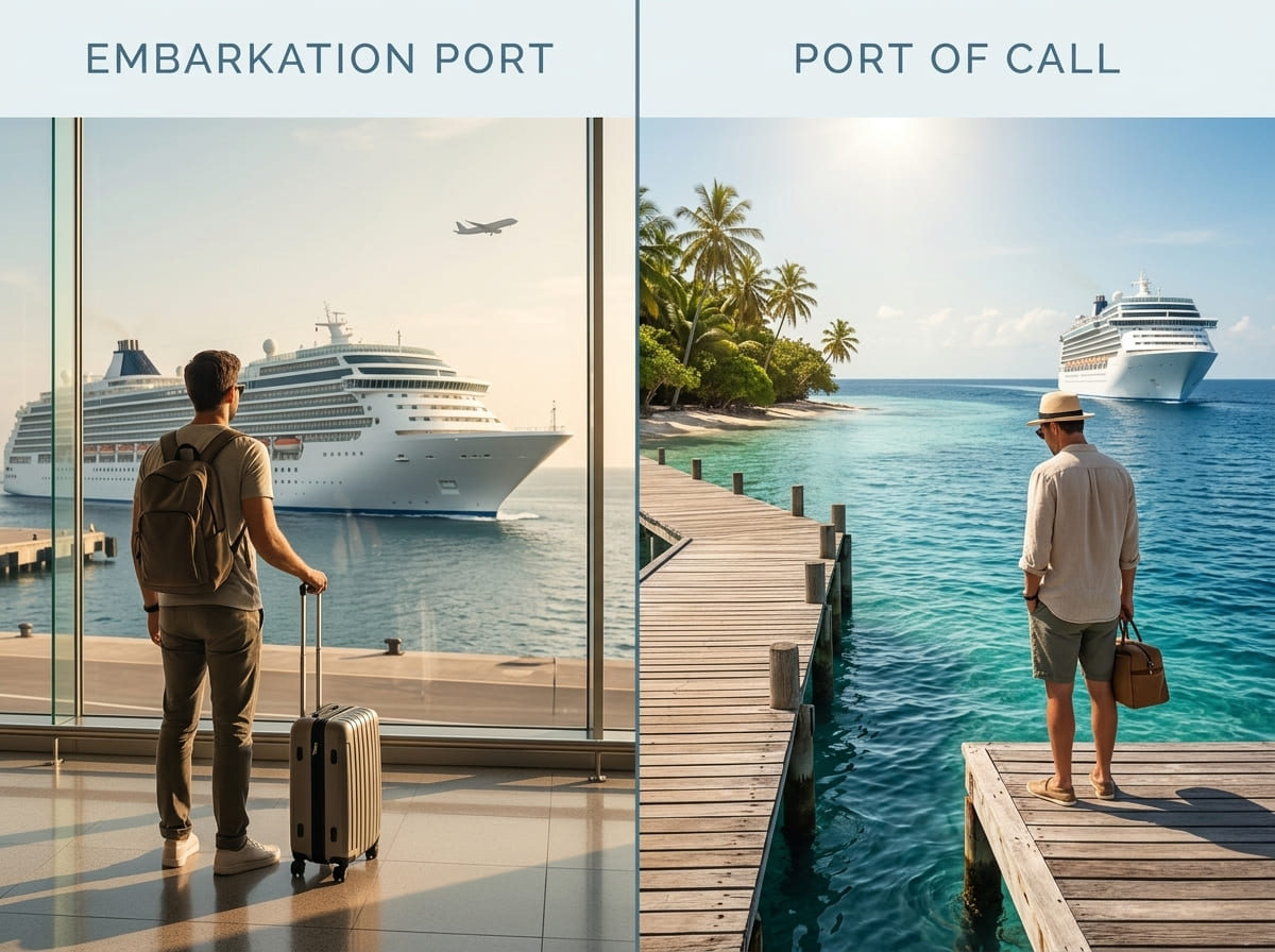 Split image comparing missing a cruise ship at the embarkation port versus at a port of call during the cruise.