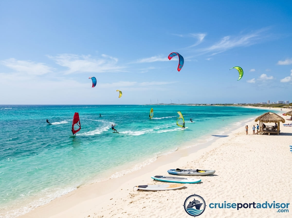 Kitesurfers and windsurfers on the turquoise water off Hadicurari Beach in Aruba with paddleboards on the sand.
