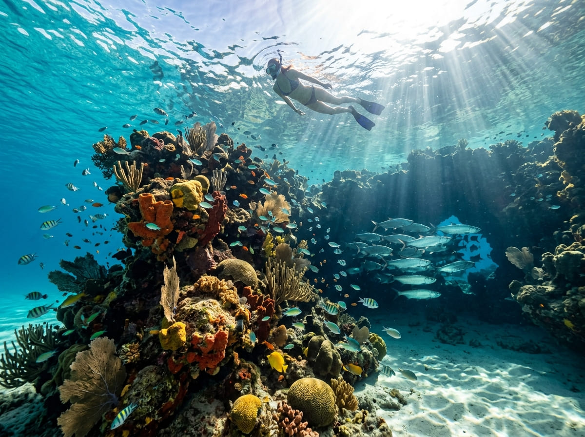 A snorkeler above a vibrant coral pinnacle with a large school of tarpon near a cavern at Eden Rock and Devil's Grotto in Grand Cayman
