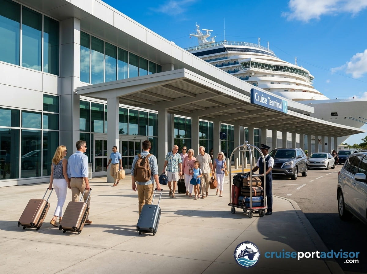 Passengers arriving with luggage at a Port Everglades cruise terminal with a porter and luggage carts, a cruise ship visible beyond the terminal building.
