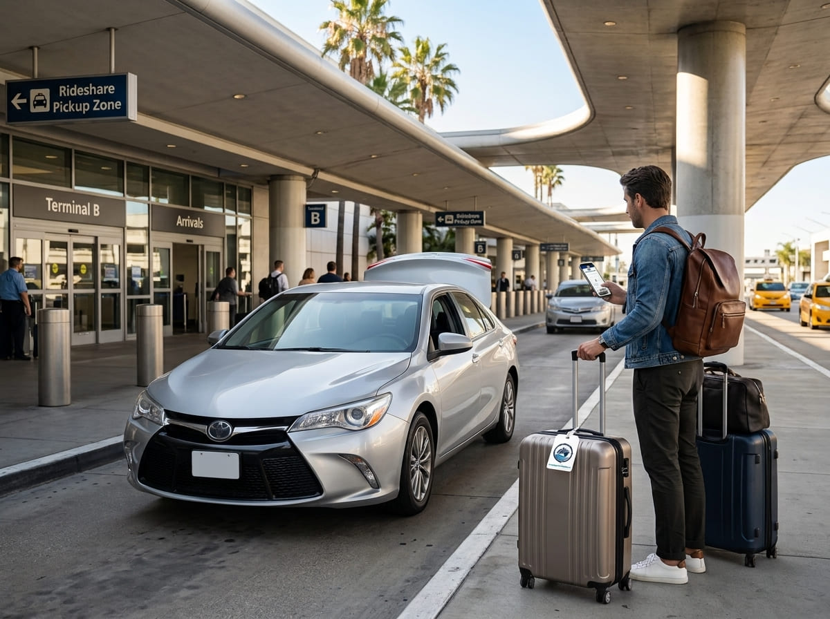 Rideshare pickup with luggage at Los Angeles International Airport.
