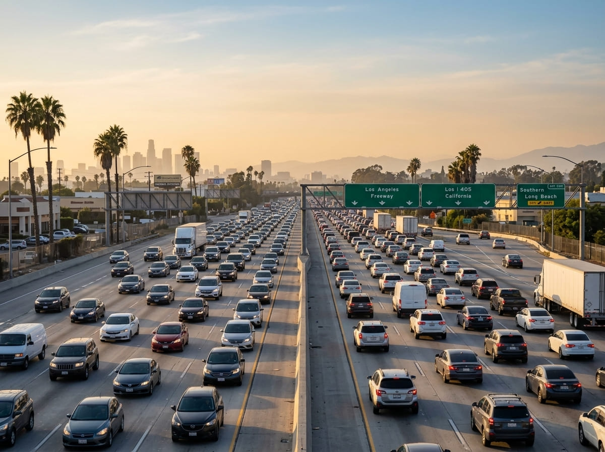Heavy traffic on the I-405 freeway between LAX and Long Beach.
