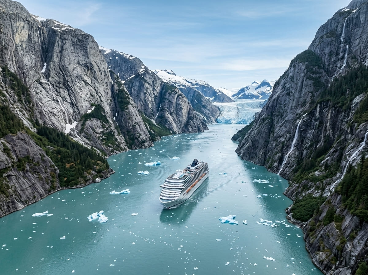 A cruise ship navigating the narrow granite walls of Tracy Arm Fjord.
