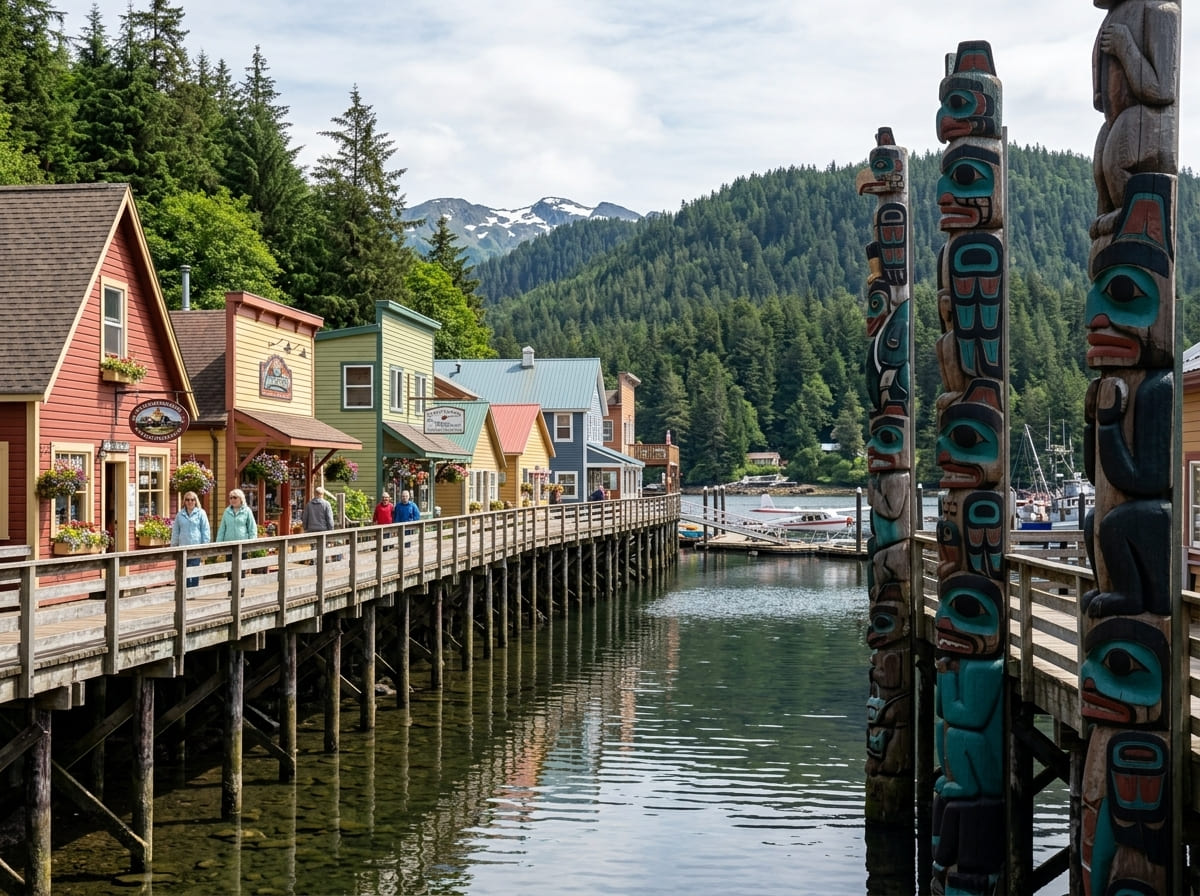 Totem poles and a boardwalk in a Southeast Alaska cruise port.
