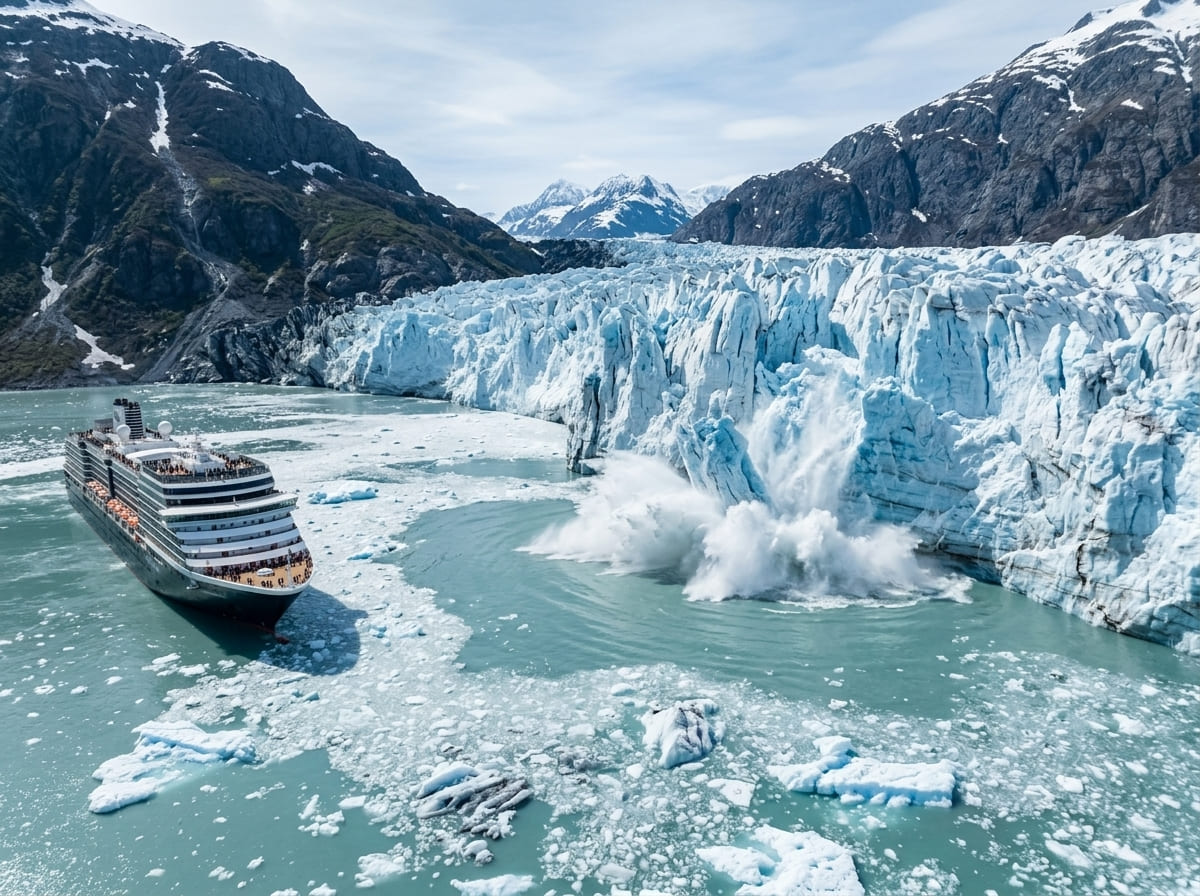 A tidewater glacier calving into the sea on an Alaska scenic cruising day.
