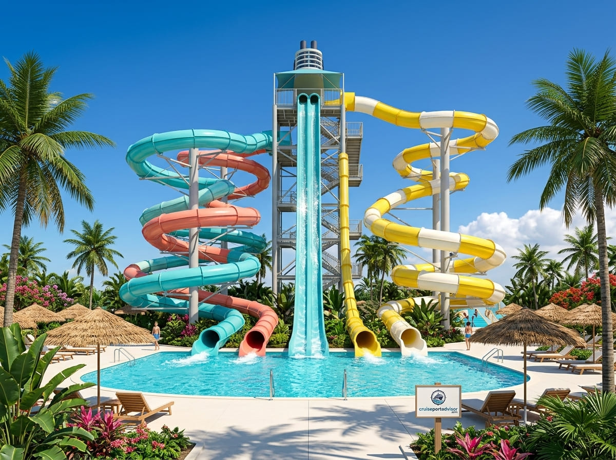 Waterslides at a tropical water park under blue sky.