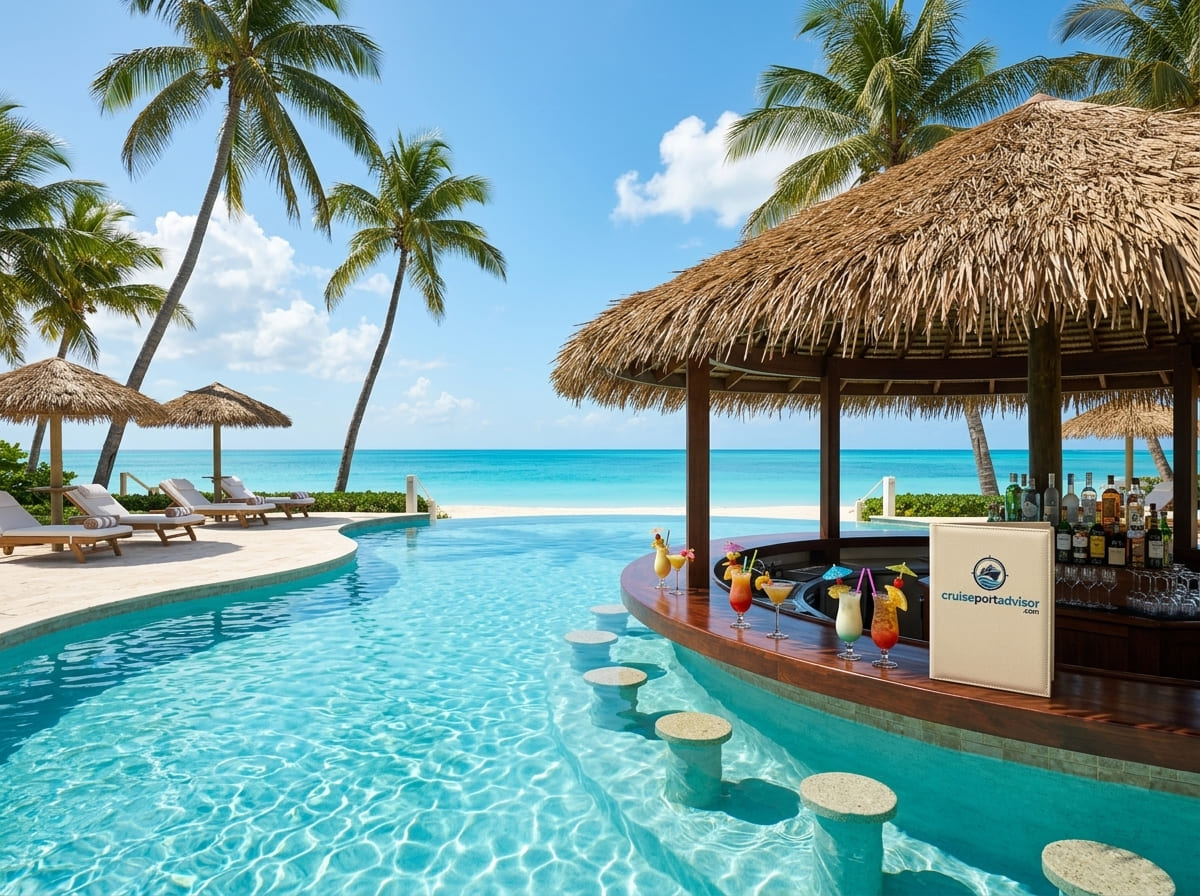 A swim up bar and pool at a Bahamas beach club.