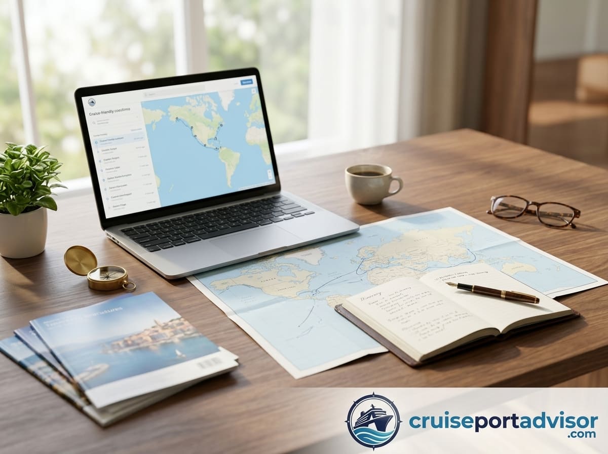 Planning a luxury cruise itinerary with maps and a laptop.