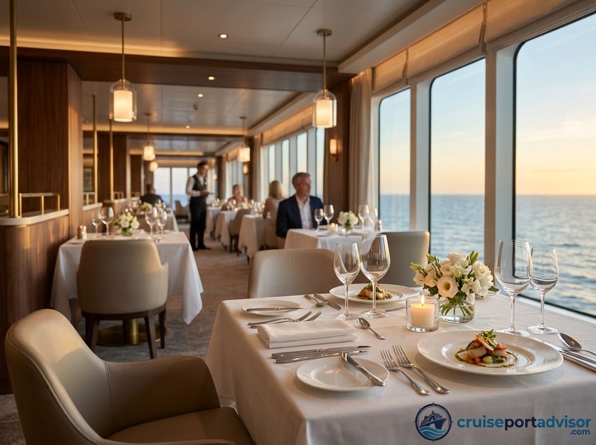 Fine dining restaurant with ocean views aboard a luxury cruise ship.