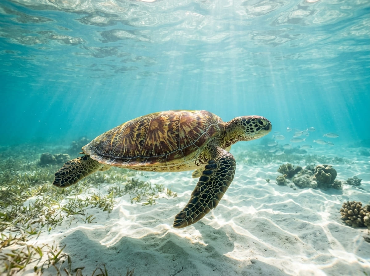 A green sea turtle swimming in clear shallow turquoise water.