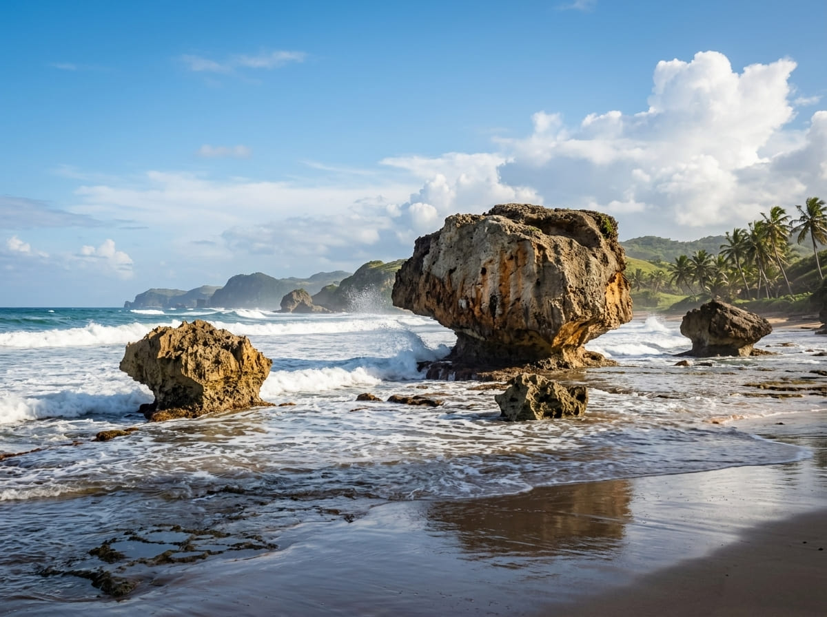 Mushroom shaped rock formations standing in the Atlantic surf at Bathsheba, Barbados.