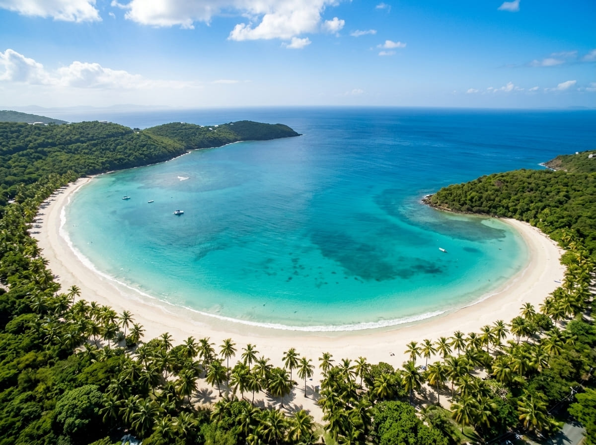 Aerial view of the palm lined turquoise crescent of Magens Bay in St. Thomas.