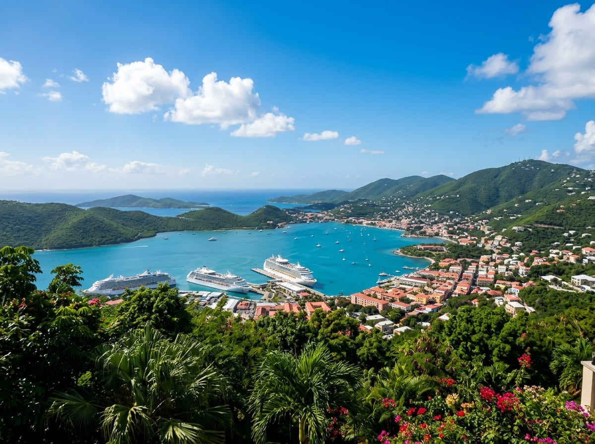 Sweeping view from Paradise Point over Charlotte Amalie harbour with cruise ships and green hills in St. Thomas.