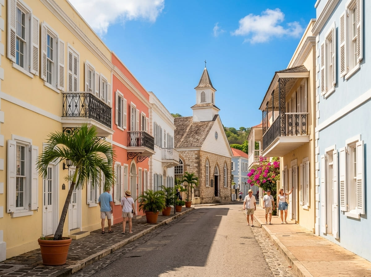 Colorful Georgian architecture and a historic church on a street in Falmouth, Jamaica