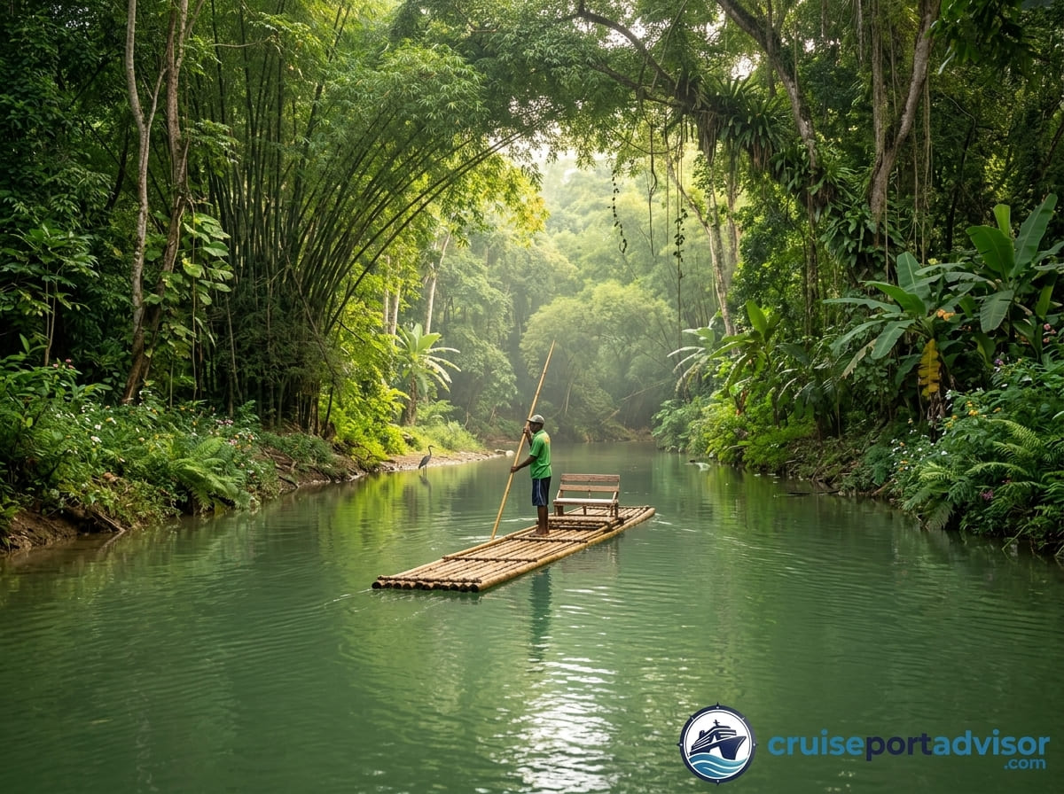 Bamboo raft floating down the jungle lined Martha Brae River near Falmouth, Jamaica