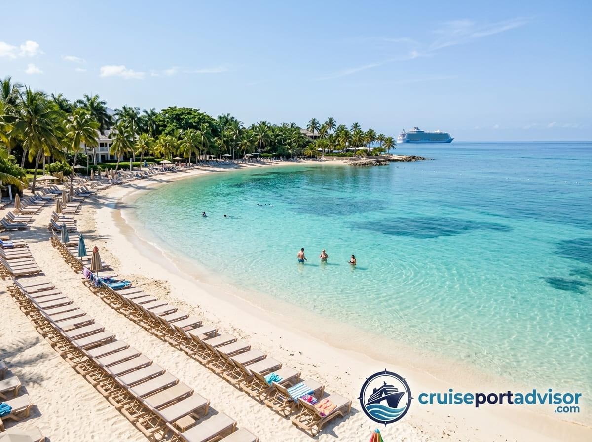 Montego Bay Jamaica coastline with turquoise water, beach, and green hills behind the city