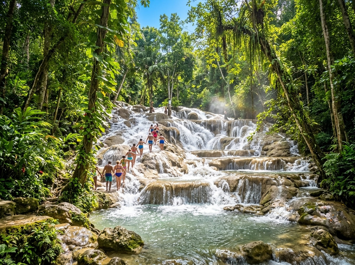 Climbers ascending the terraced limestone steps of Dunn's River Falls in Ocho Rios, Jamaica