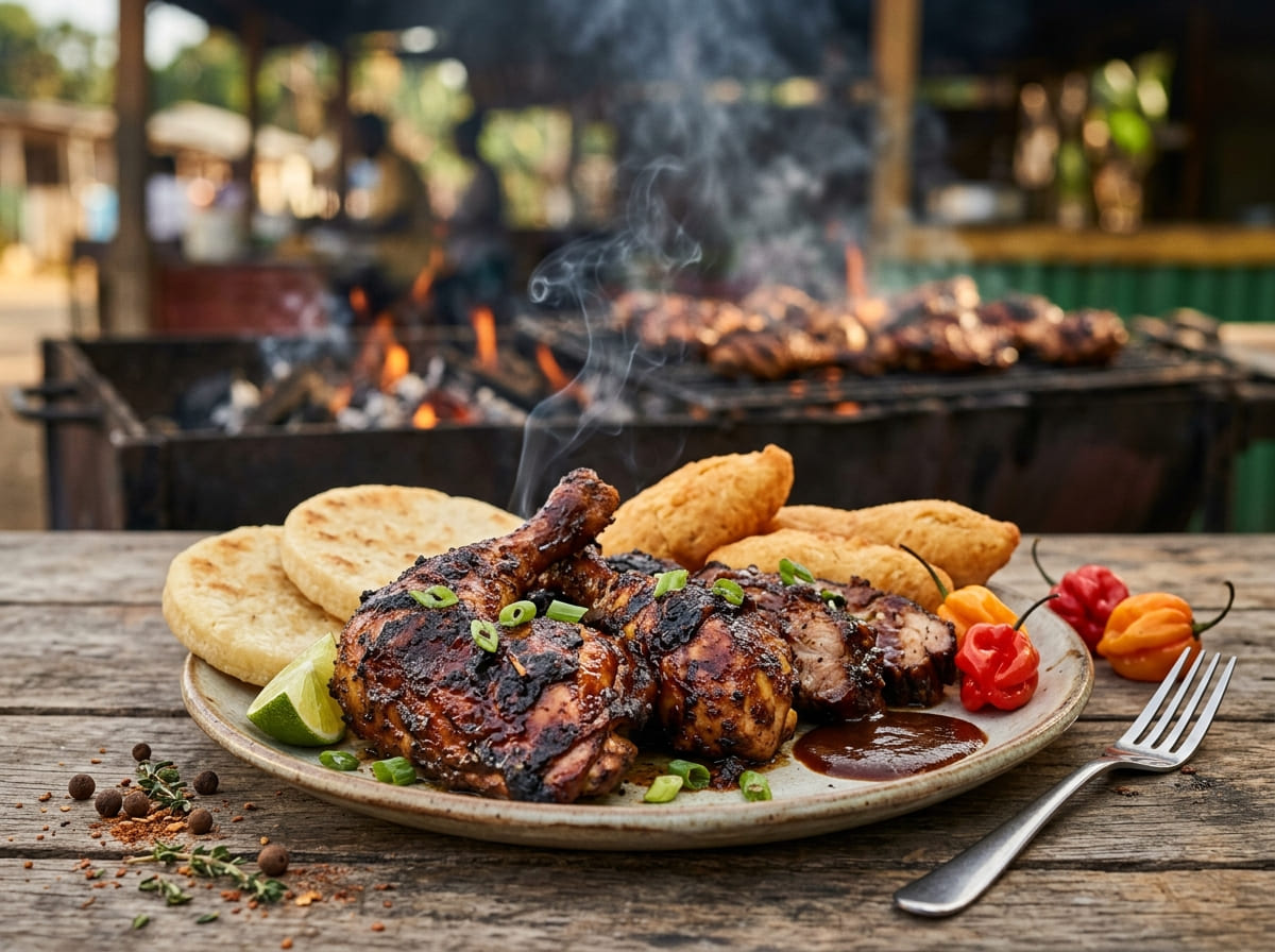 A smoky plate of Jamaican jerk chicken and pork with festival and bammy beside a pimento wood grill.
