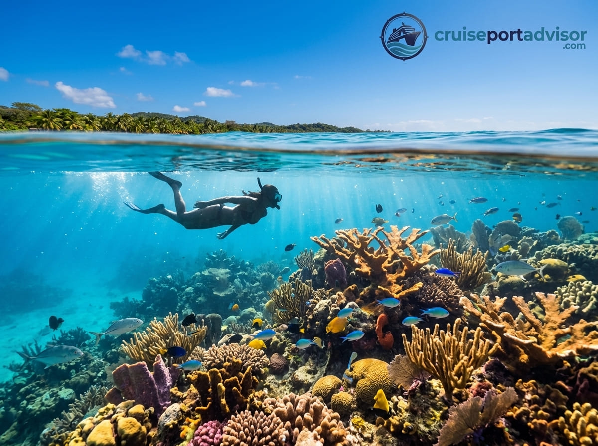 Snorkeler over the colorful coral reef in the clear turquoise water of Roatan, Honduras.