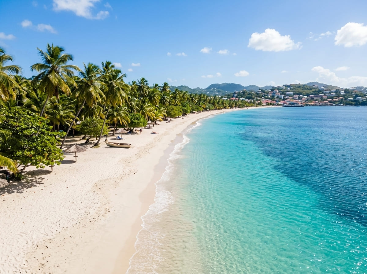 The two mile white sand curve of Grand Anse Beach in Grenada with turquoise water and palm trees.