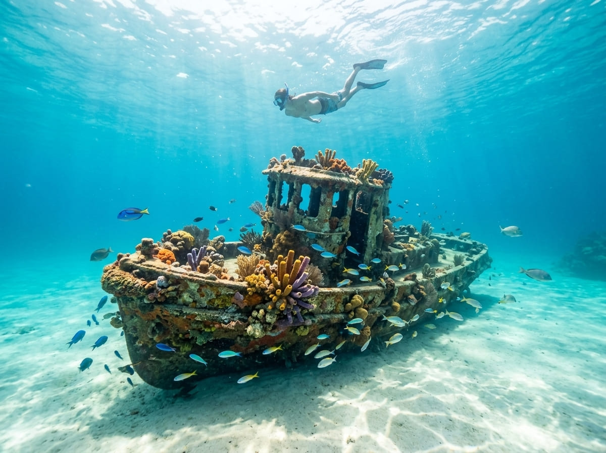 Snorkeler above the Tugboat wreck in clear turquoise water at Caracasbaai, Curaçao