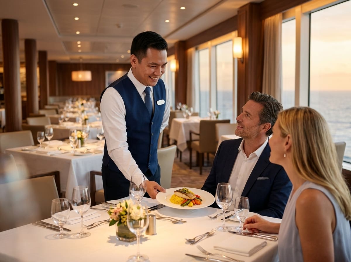 Cruise ship dining room server presenting a plate to guests, representing the crew that gratuities support