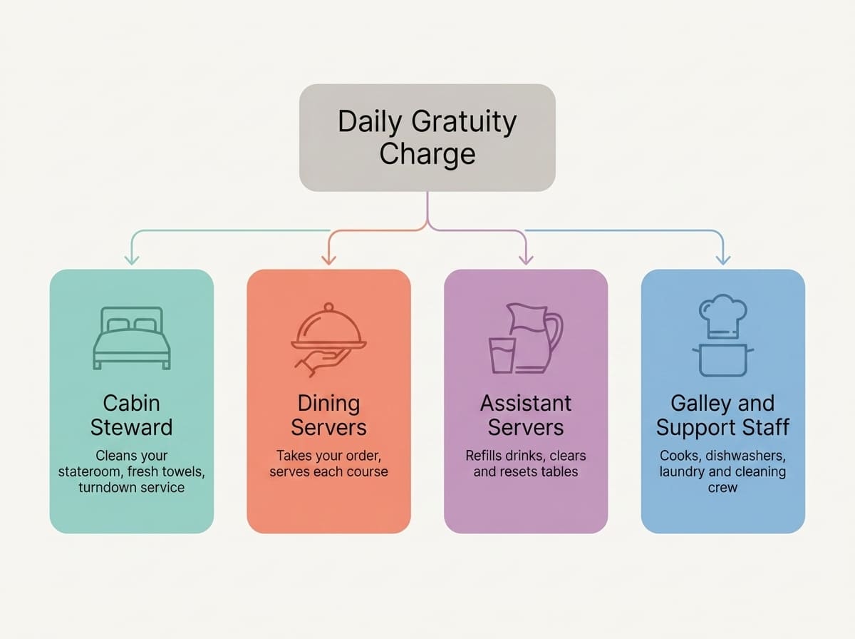 Infographic showing how cruise gratuities are shared among the cabin steward, servers, and behind the scenes crew.