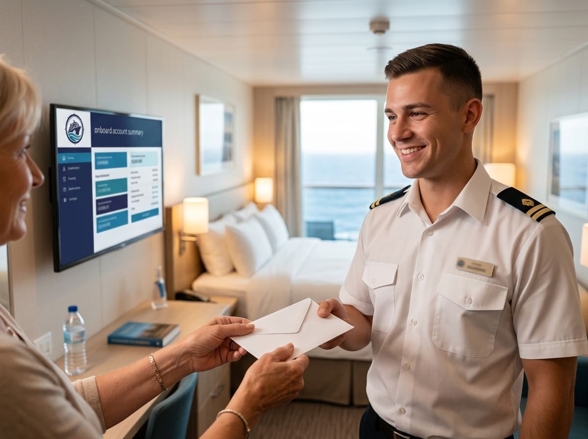 A cruise passenger handing a cash tip in an envelope to a smiling crew member in a stateroom.