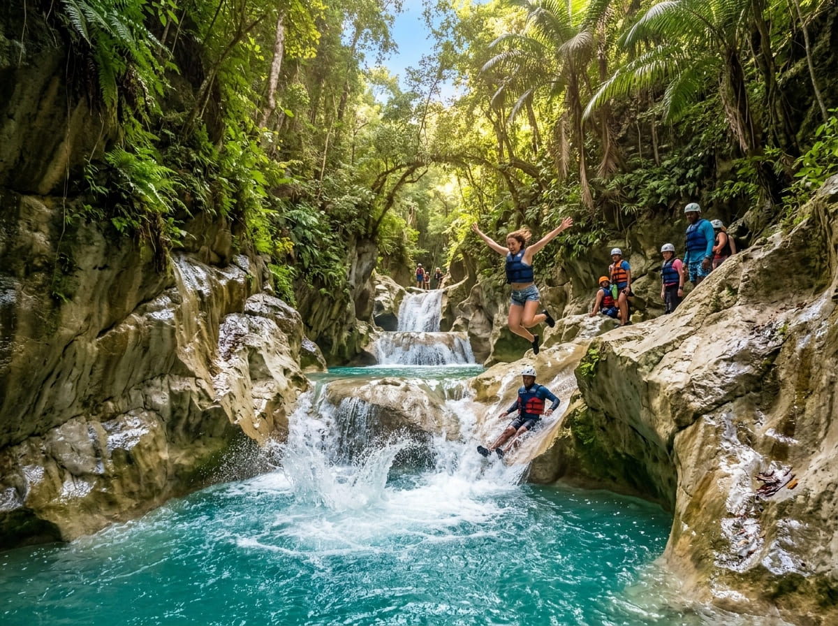 Visitors jumping and sliding into the turquoise canyon pools of the 27 Waterfalls of Damajagua