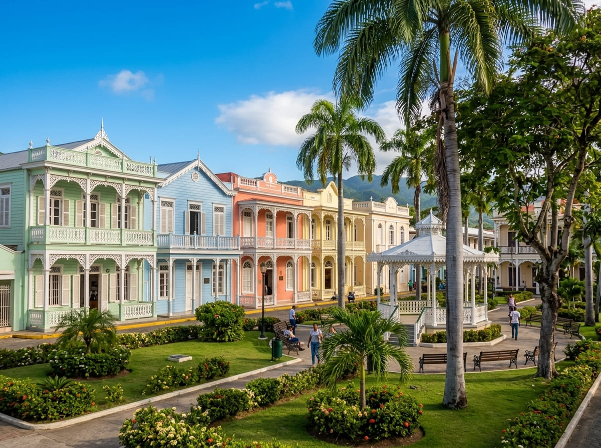 Colorful Victorian gingerbread architecture with pastel facades and palm trees around the central park in Puerto Plata