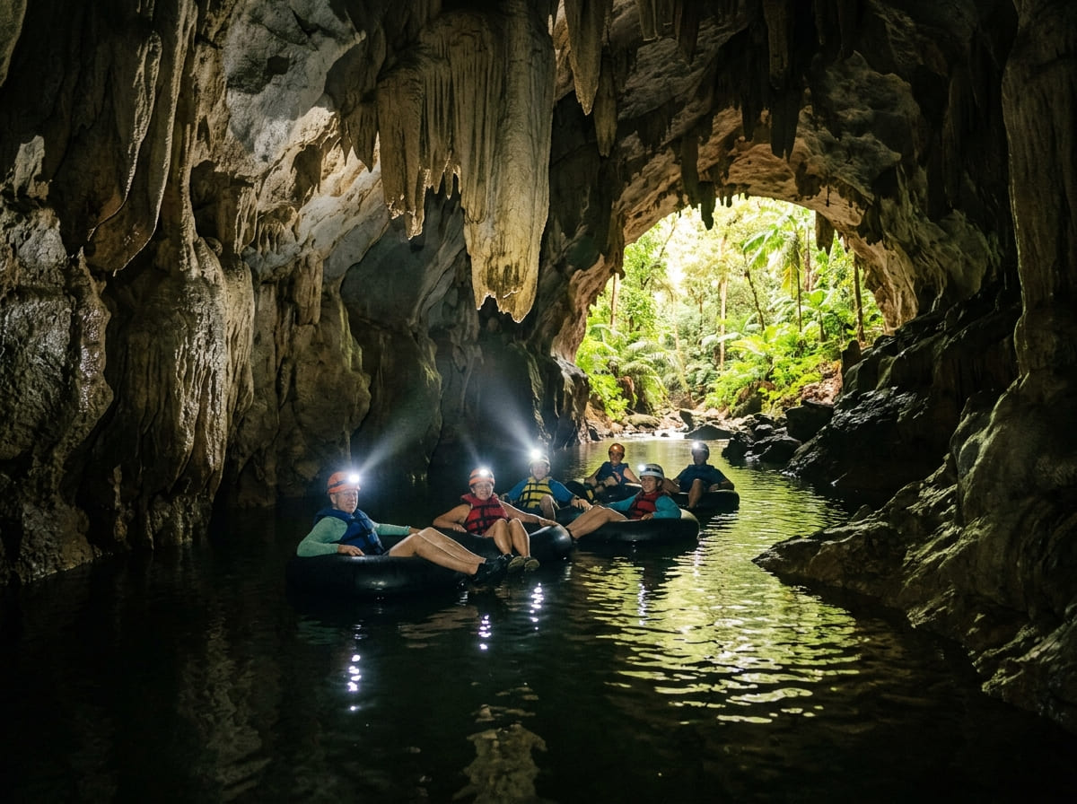 A group floating on inner tubes through a river cave with glowing headlamps and stalactites in Belize.
