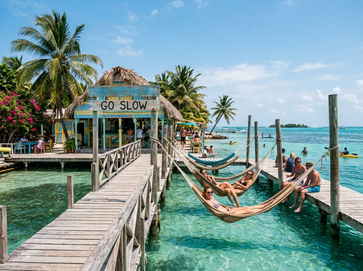 Wooden docks, hammocks over turquoise water and a Go Slow beach bar at the Split on Caye Caulker, Belize.