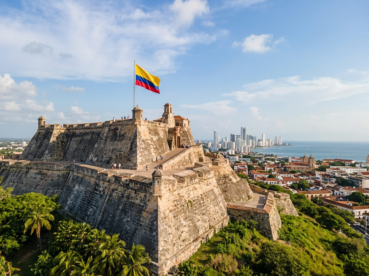 The massive stone ramparts of Castillo San Felipe de Barajas with a Colombian flag and the city beyond in Cartagena.