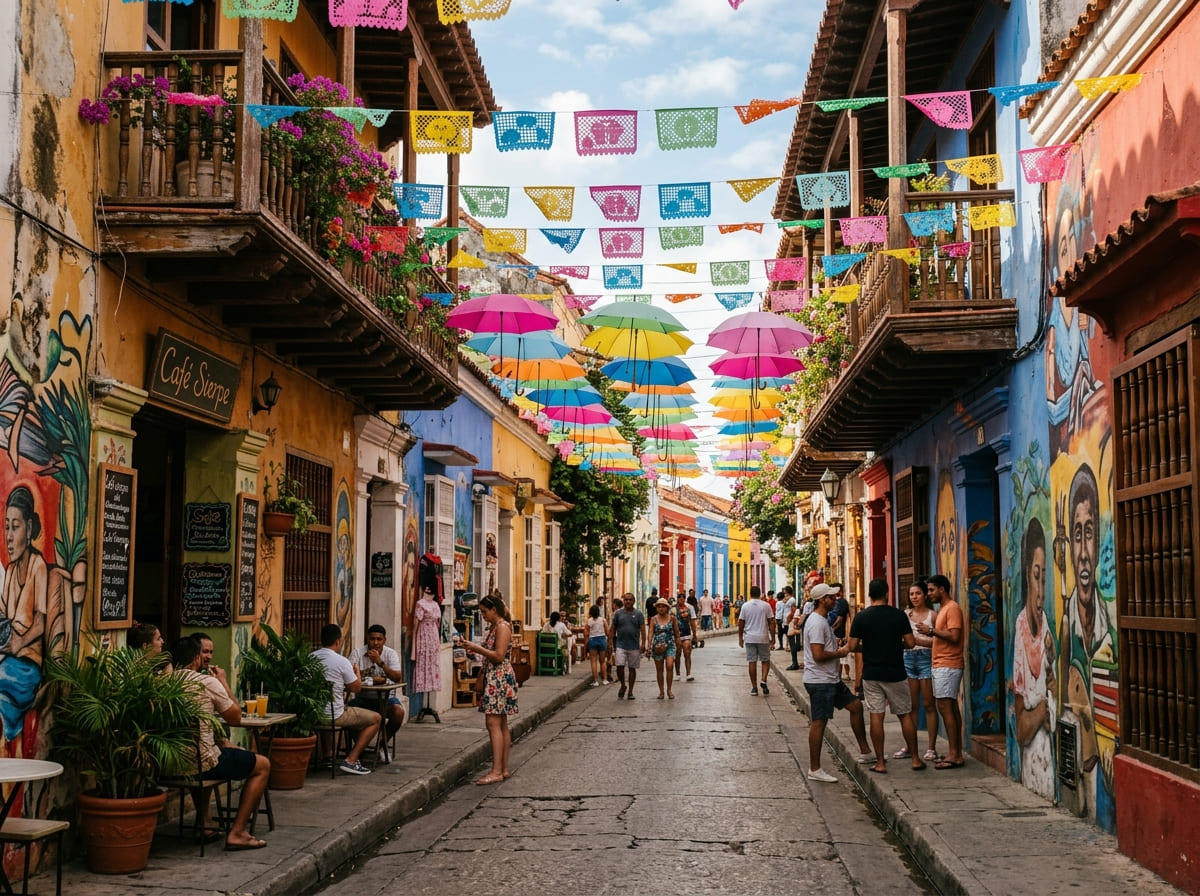 A vibrant Getsemaní street with colorful umbrellas overhead, street art and locals mingling in Cartagena, Colombia.