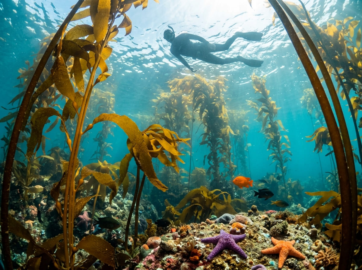 A small orange garibaldi fish among green kelp with a snorkeler above at Casino Point Marine Park, Catalina Island.