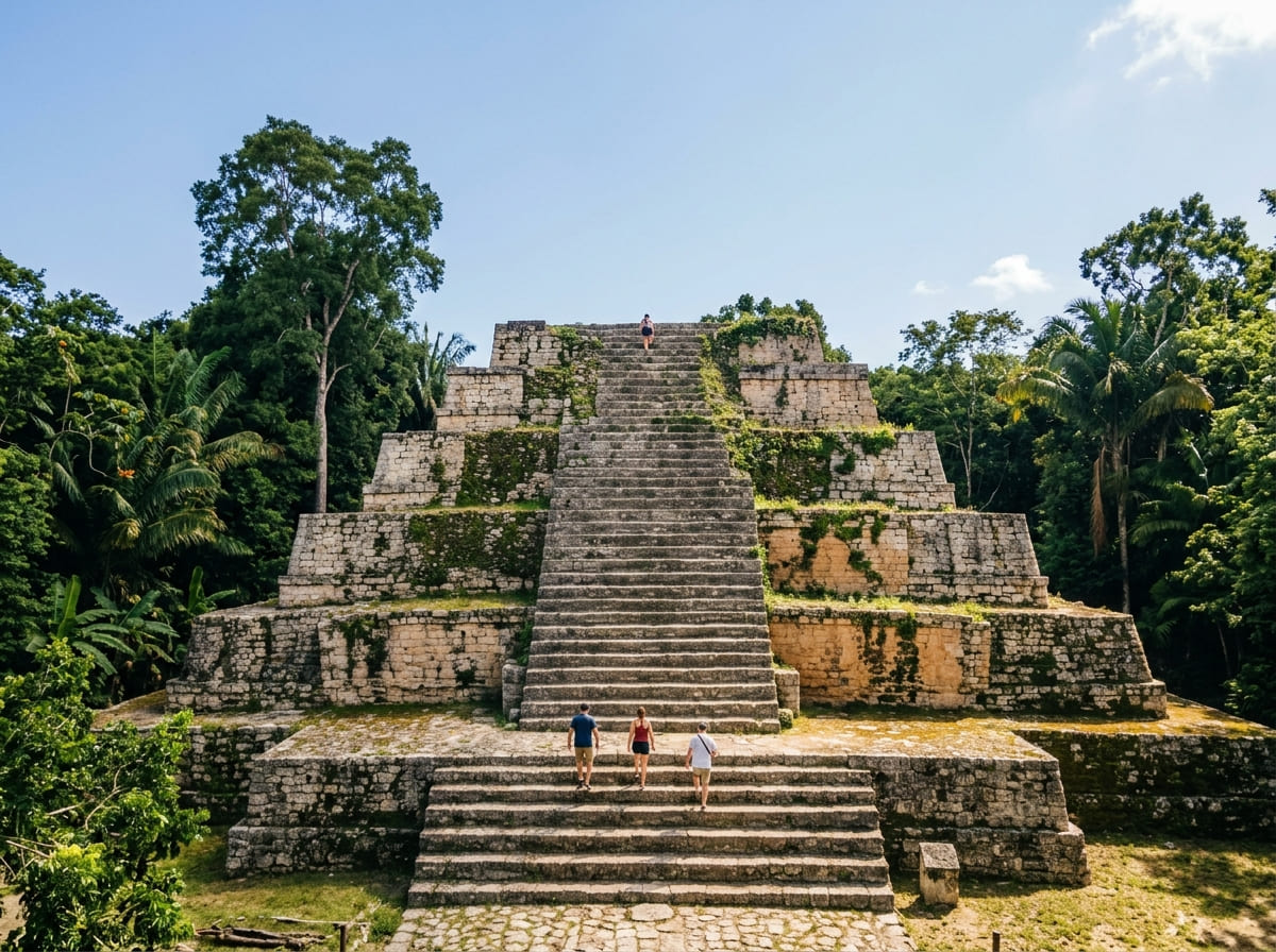 Ancient stone temple platform of the Chacchoben Mayan ruins rising from dense green jungle under a bright sky in Costa Maya, Mexico.