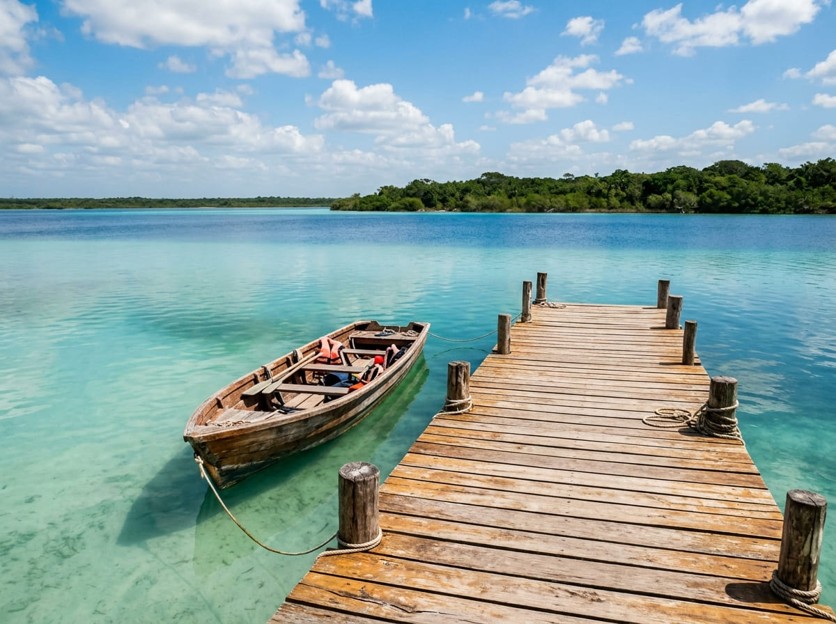 Layered turquoise, emerald and sapphire bands of the Bacalar Lagoon from a wooden dock with a small boat on the still water in Mexico.