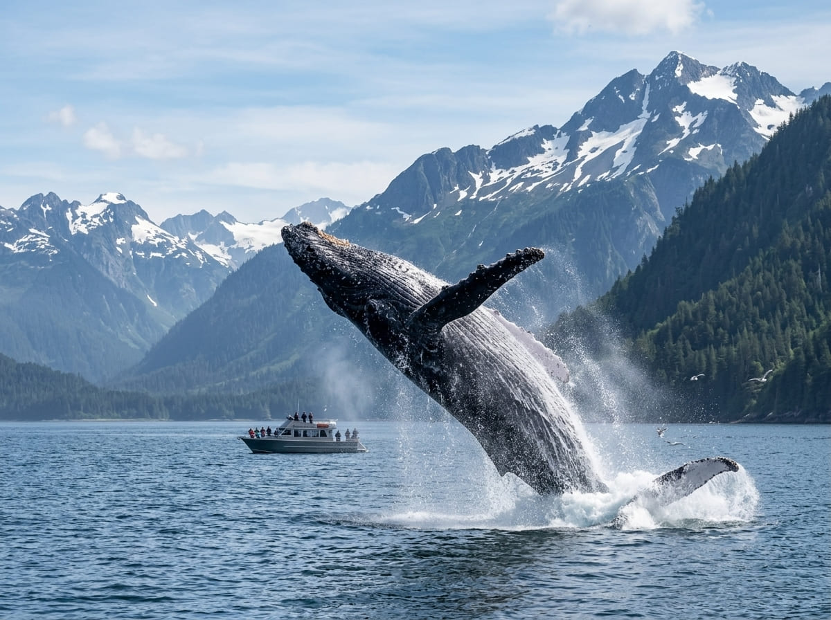 A humpback whale breaching in Stephens Passage near a whale watching boat with Alaskan mountains behind, Juneau.