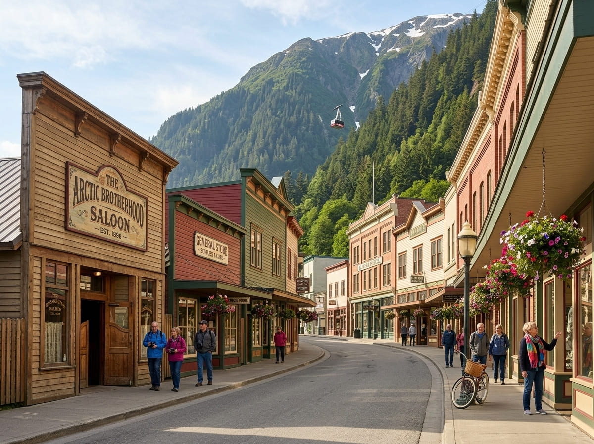 Historic gold rush era storefronts on a downtown Juneau street with Mount Roberts rising behind, Alaska.