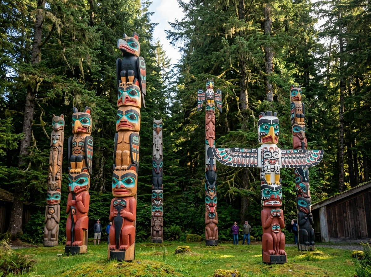 Carved and painted totem poles with intricate traditional figures set against dense rainforest near Ketchikan, Alaska.