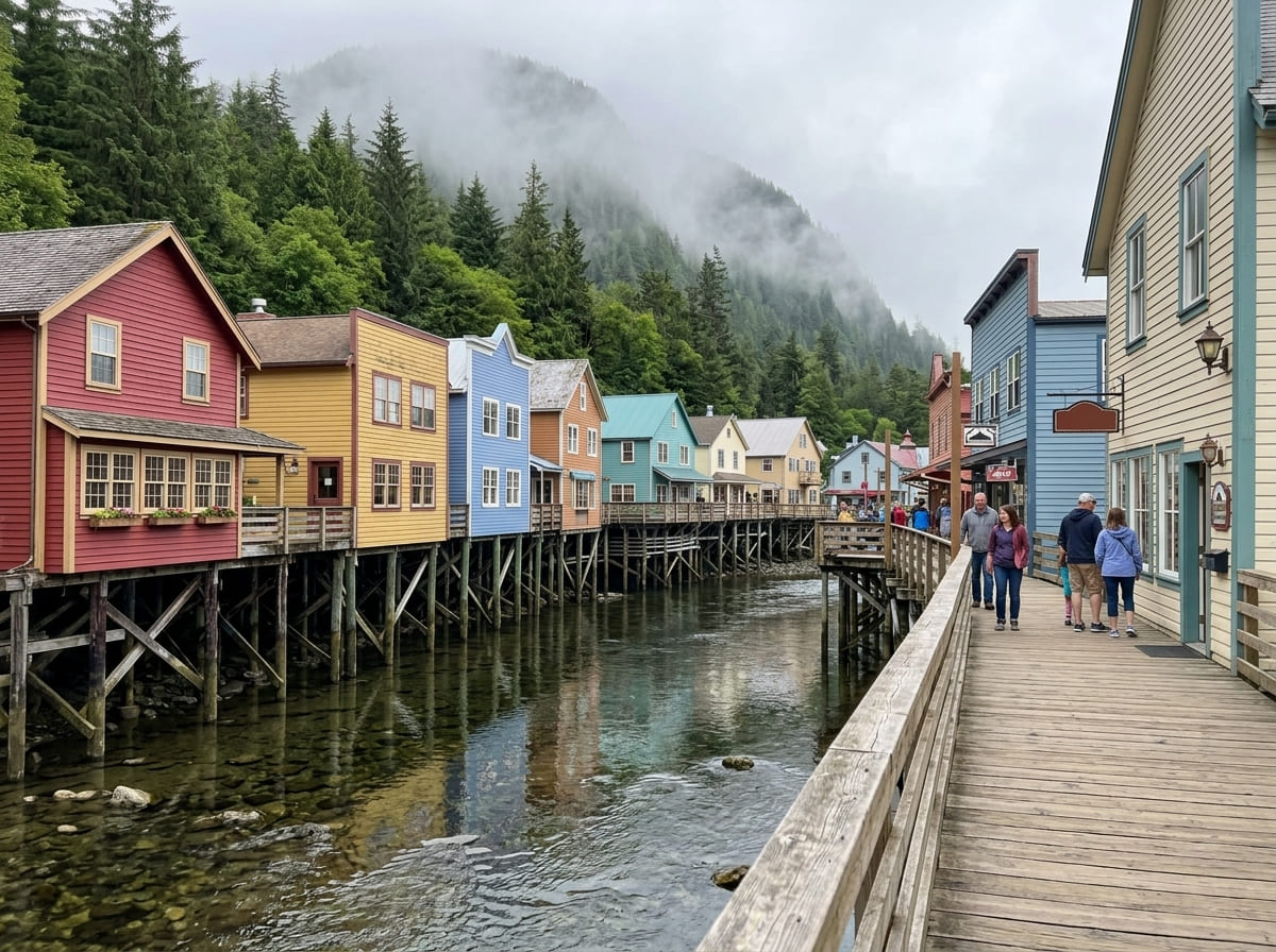 Colorful wooden buildings on stilts along the Creek Street boardwalk with misty rainforest hillside behind in Ketchikan, Alaska.