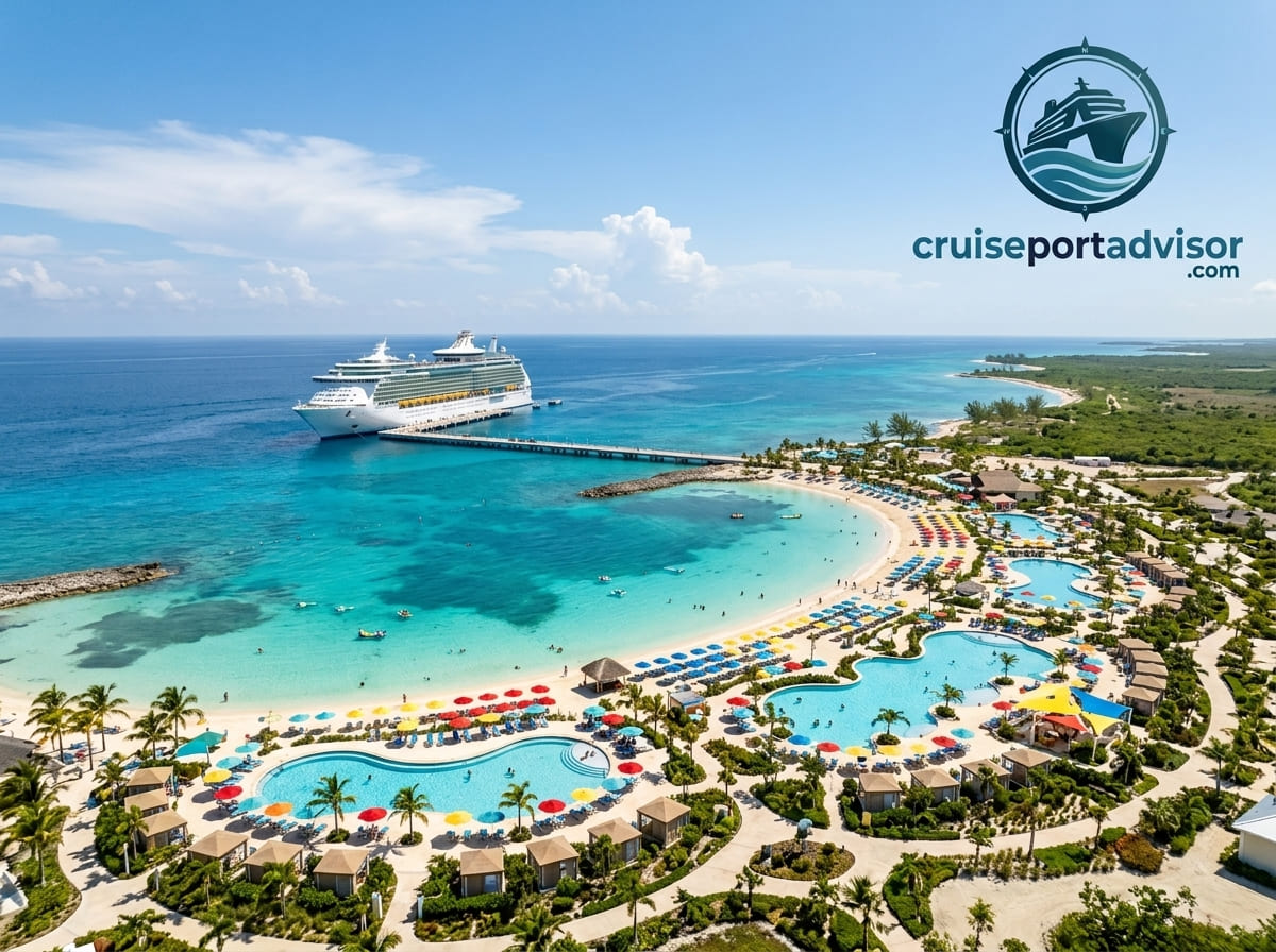 Aerial view of a tropical lagoon resort with pools, umbrellas, palm trees and a docked cruise ship at the pier.