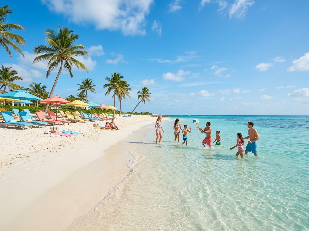 Families wading in the calm turquoise lagoon at Celebration Key on Grand Bahama Island