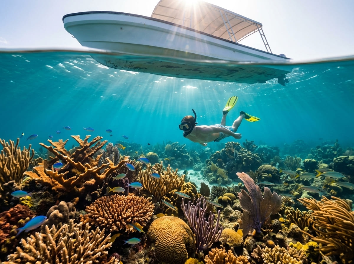 A snorkeler over healthy coral reef with tropical fish and a small boat visible above near Harvest Caye, Belize.