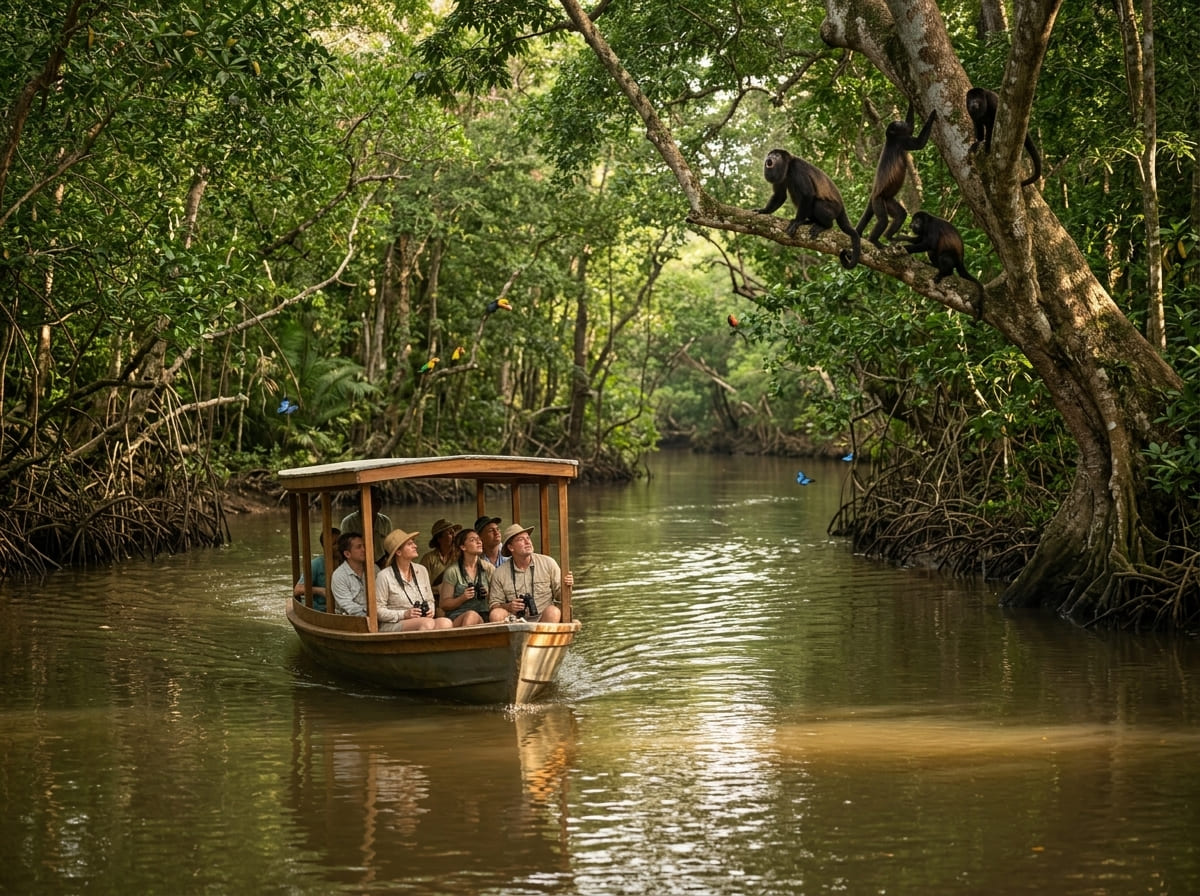 A jungle river tour boat gliding past howler monkeys in the trees along a mangrove lined river in Belize.