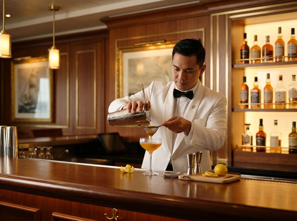 A bartender preparing a cocktail at a Holland America Line ship bar