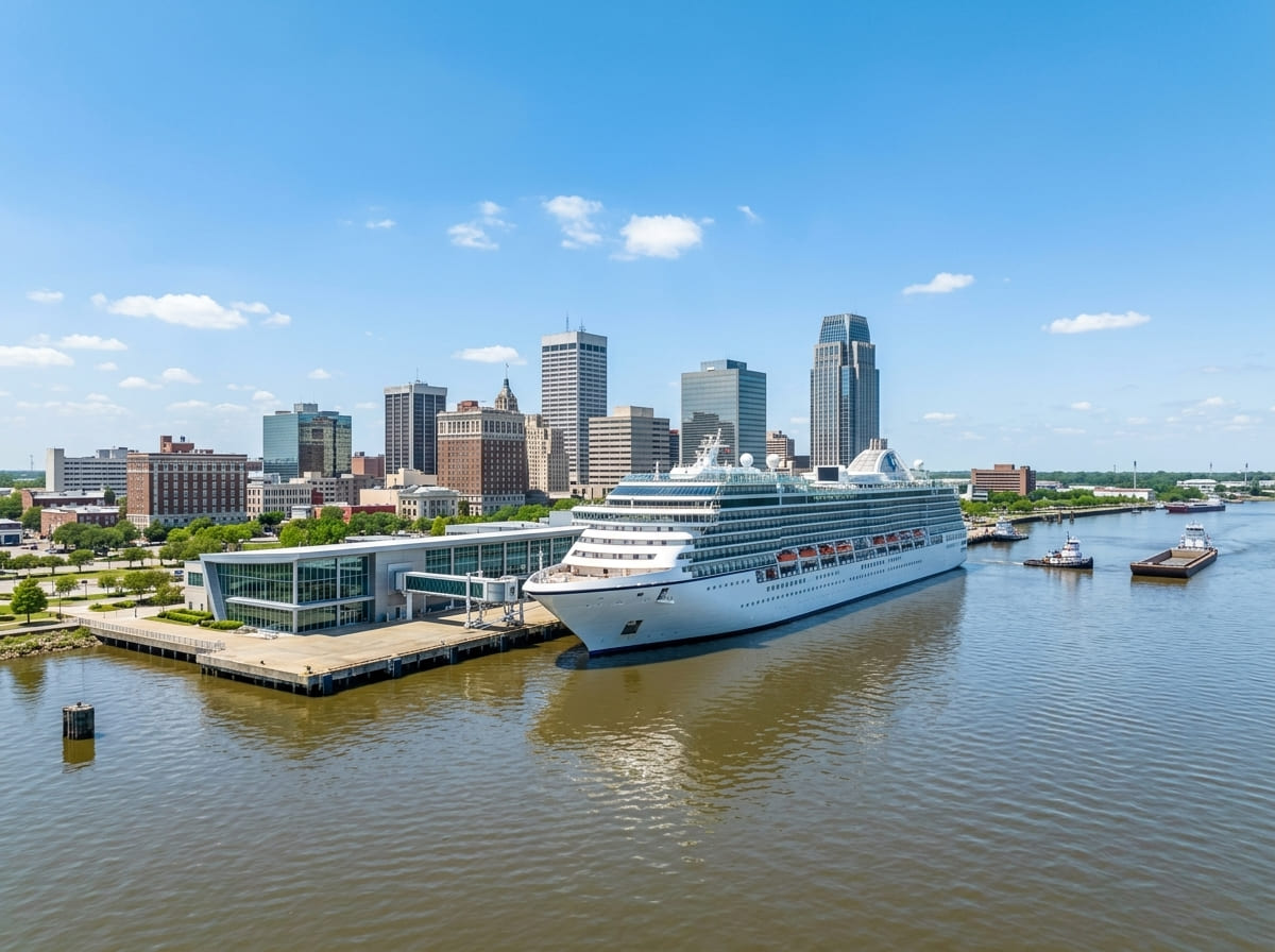 The Alabama Cruise Terminal in Mobile with the Carnival Spirit docked on the waterfront