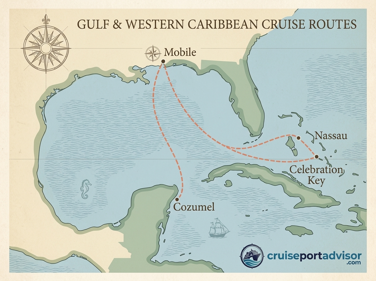 Stylized decorative map showing cruise routes from Mobile, Alabama to Cozumel, Nassau, and Celebration Key.