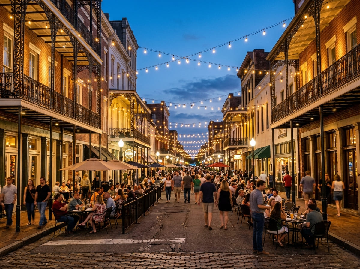 Evening scene on Dauphin Street in downtown Mobile, Alabama, with restaurants and historic architecture