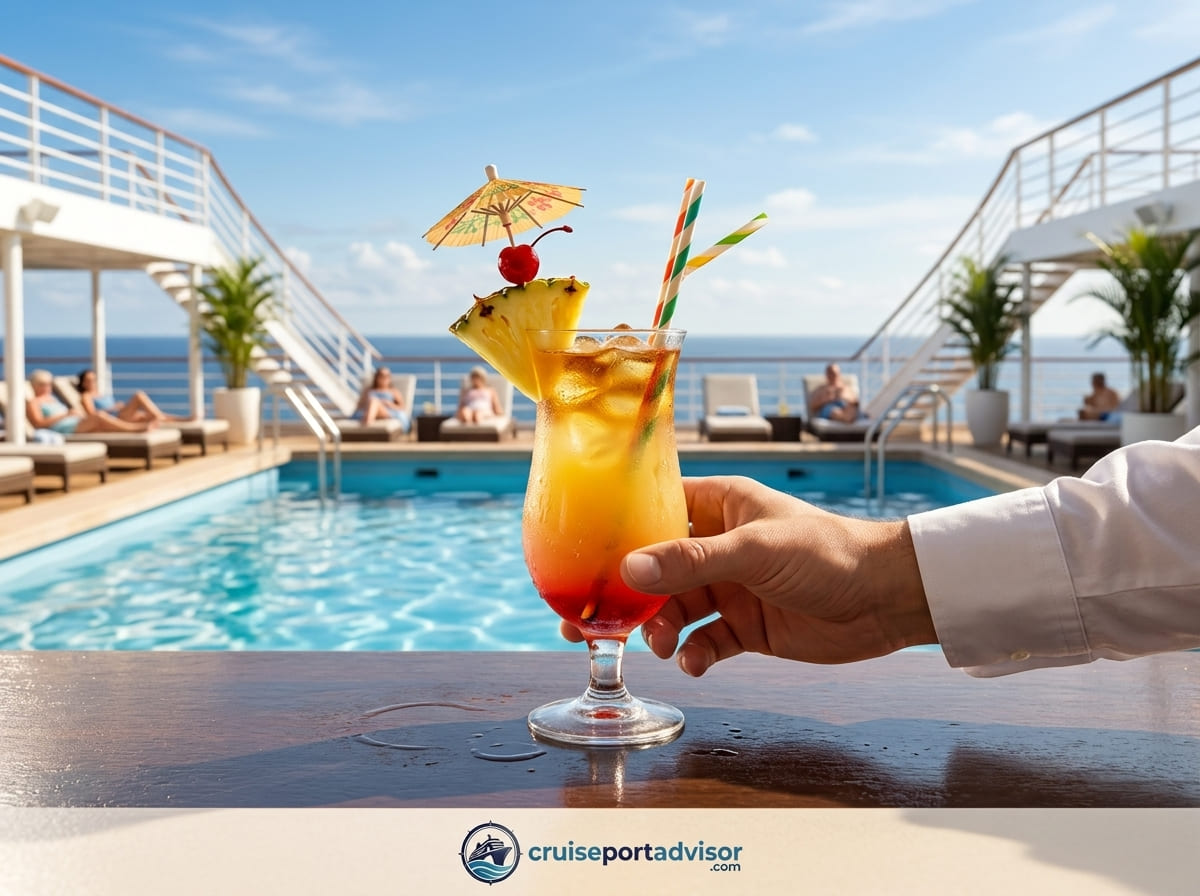 A colorful tropical cocktail with condensation served at a cruise ship pool bar with a sunny deck scene behind.